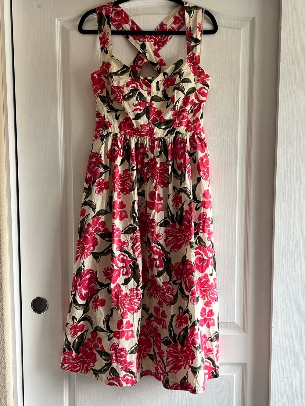 VICI Dolls 100% Cotton Floral Midi Dress Pink W Smocked Back Cross Straps Medium